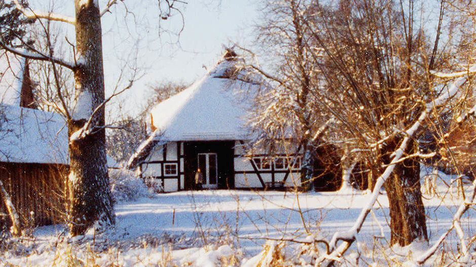 Schnee auf zugefrorenem See und Bäumen dahinter die Kunstscheune des Seehotel am Neuklostersee